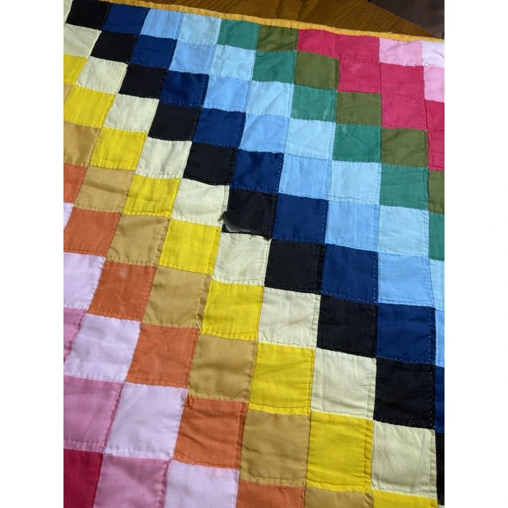 Vintage Diamond Trip Around The World Patchwork Quilt Handmade Rainbow